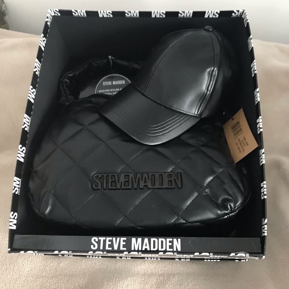 STEVE MADDEN Black Faux Leather Quilted Nylon Hobo Bag & Baseball Cap Hat Set